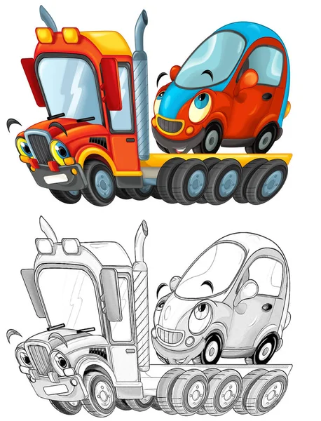 有趣的卡通拖曳卡车司机与其他汽车隔离在白色背景图上给孩子们看 — 图库照片