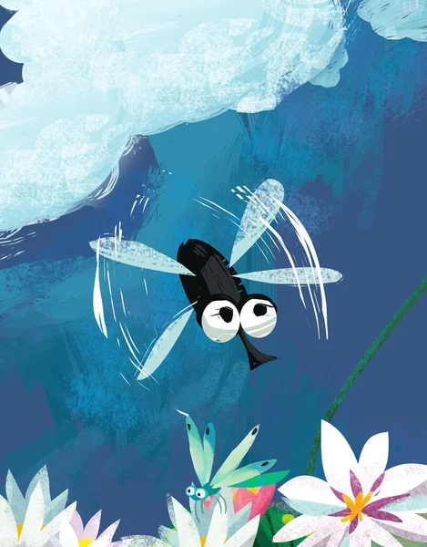 Grappige Cartoon Scene Met Kikker Grappige Insecten Vliegende Illustratie Voor — Stockfoto