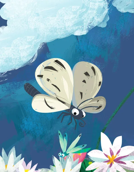 Divertida Escena Dibujos Animados Con Rana Bichos Divertidos Insectos Vuelo — Foto de Stock