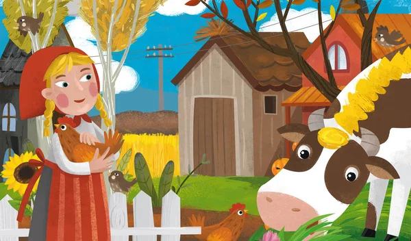 Cartoon Farm Ranch Scene Different Animals Pumpkins Illustration Children — Stock Photo, Image