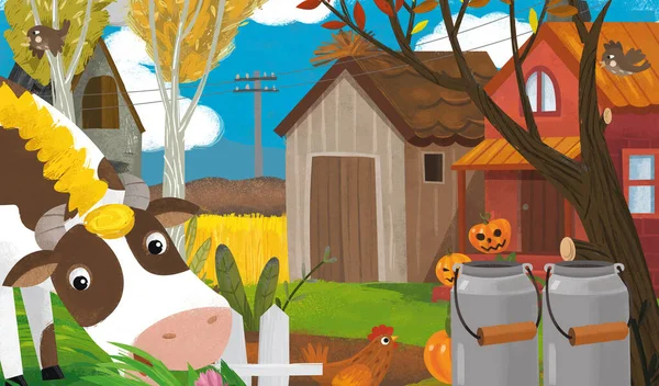 Cartoon Farm Ranch Scene Different Animals Pumpkins Illustration Children — Stock Photo, Image