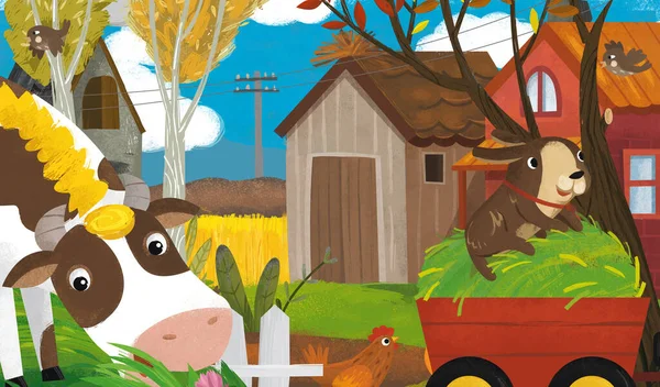 stock image cartoon farm ranch scene with different animals and pumpkins illustration for children