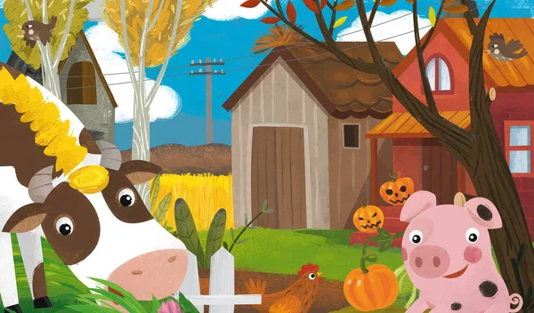 Kreslená Farma Ranč Scéna Různými Zvířaty Dýně Ilustrace Pro Děti — Stock fotografie
