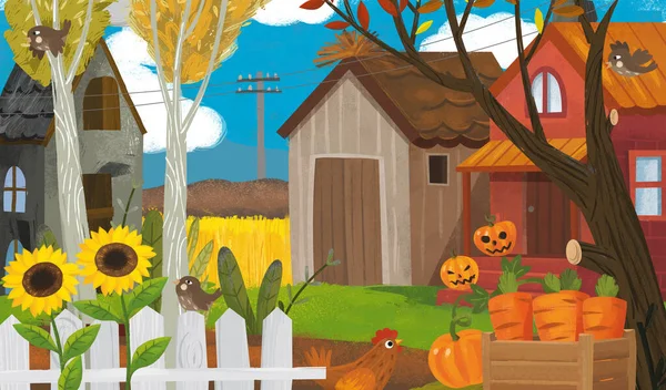 Cartoon Boerderij Ranch Scène Met Verschillende Dieren Pompoenen Illustratie Voor — Stockfoto