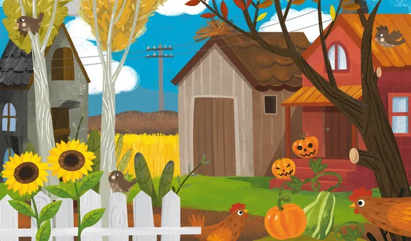 Kreslená Farma Ranč Scéna Různými Zvířaty Dýně Ilustrace Pro Děti — Stock fotografie