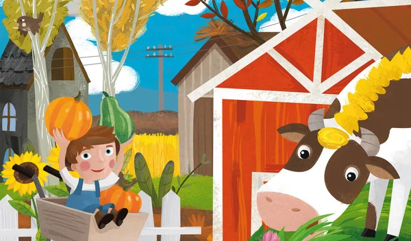 cartoon farm ranch scene with different animals and pumpkins illustration for children