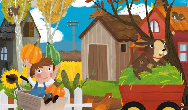 stock image cartoon farm ranch scene with different animals and pumpkins illustration for children