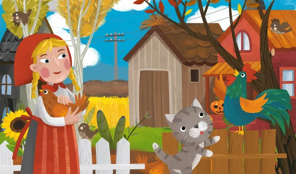 cartoon farm ranch scene with different animals and pumpkins illustration for children