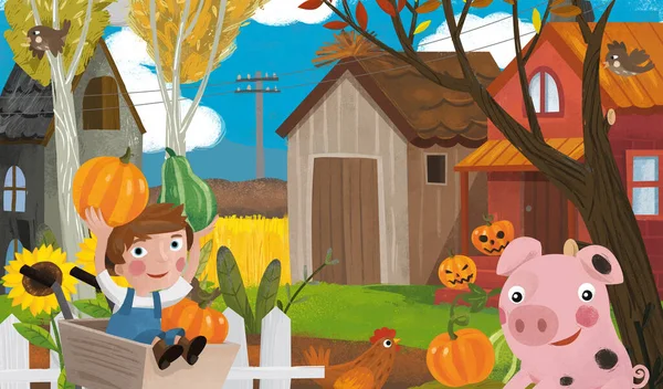 Kreslená Farma Ranč Scéna Různými Zvířaty Dýně Ilustrace Pro Dětizemědělství — Stock fotografie