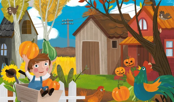 stock image cartoon farm ranch scene with different animals and pumpkins illustration for children
