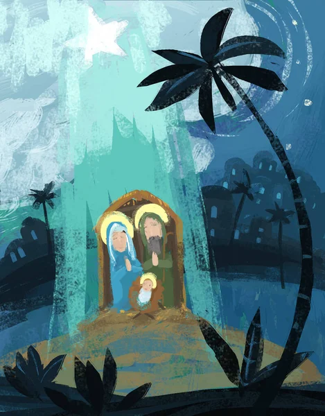 Cartoon Illustration Holy Family Traditional Scene Illustration Children — Stock Photo, Image