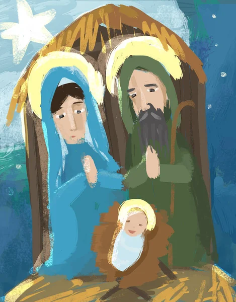 聖なる家族の伝統的なシーンの漫画のイラスト 子供のためのイラスト — ストック写真