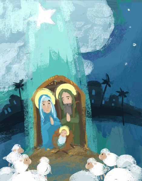 Cartoon Illustration Holy Family Traditional Scene Illustration Children — Stock Photo, Image
