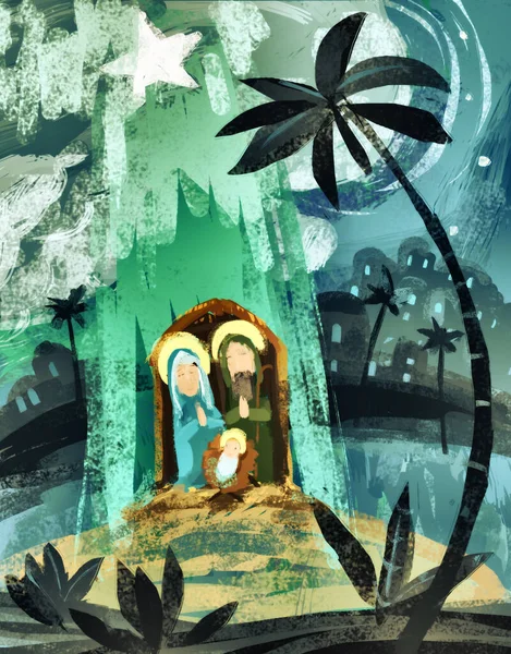 Tecknad Illustration Den Heliga Familjen Traditionella Scenen Illustration För Barnen — Stockfoto