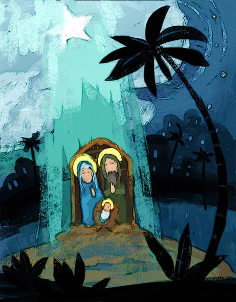 Cartoon Illustratie Van Heilige Familie Traditionele Scène Illustratie Voor Kinderen — Stockfoto