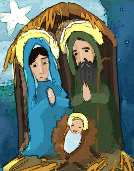 Kutsal Ailenin Geleneksel Sahnesinin Karikatür Çizimi Çocuklar Için Çizim — Stok fotoğraf