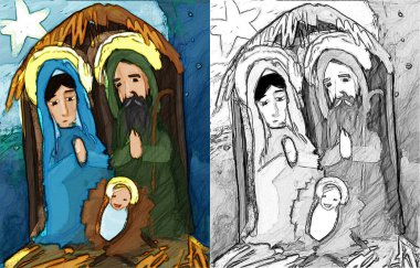 Kutsal aile sahnesinin karikatür çizimi. Çocuklar için çizim.