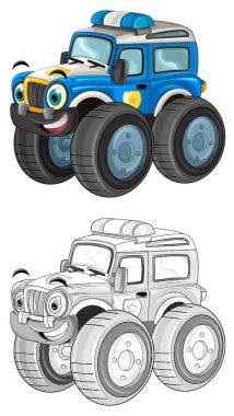 off road ağır kamyonlu karikatür sahnesi çocuklar için çizimlerle izole edilmiş.