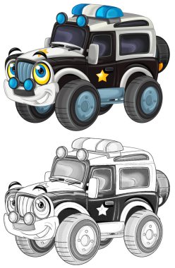 off road ağır kamyonlu karikatür sahnesi çocuklar için çizimlerle izole edilmiş.