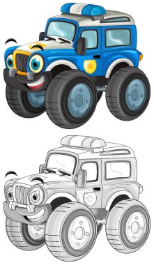 off road ağır kamyonlu karikatür sahnesi çocuklar için çizimlerle izole edilmiş.