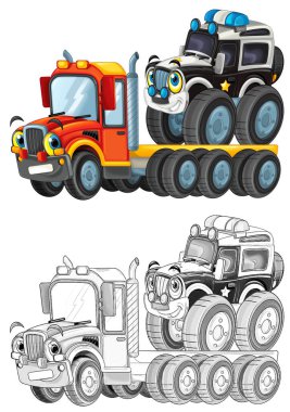 komik karikatür kamyon şoförü ve diğer araç çocukları çizimle izole etti.