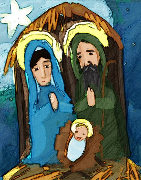 Мультяшная Иллюстрация Традиционной Сцены Святой Семьи Иллюстрация Детей — стоковое фото