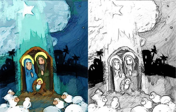 聖なる家族の伝統的なシーンの漫画のイラストスケッチ 子供たちのためのイラスト — ストック写真