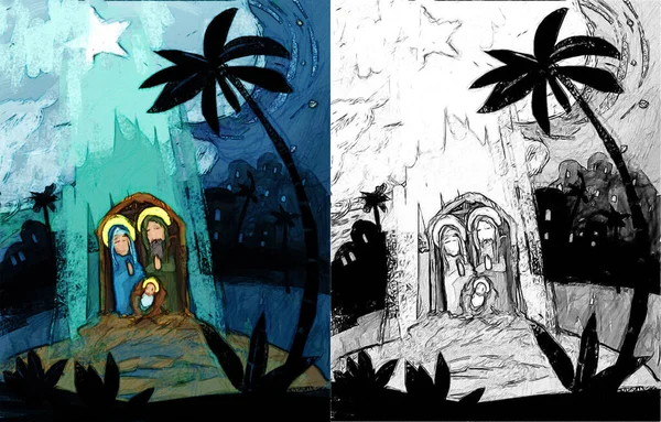 Zeichentrickillustration Der Traditionellen Szene Der Heiligen Familie Mit Skizze Illustration — Stockfoto