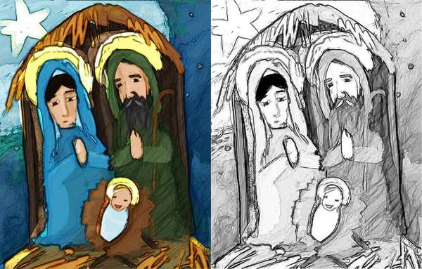 聖なる家族の伝統的なシーンの漫画のイラストスケッチ 子供たちのためのイラスト — ストック写真
