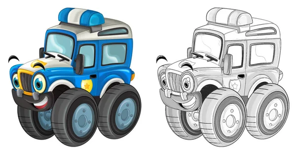 cartoon scene with off road heavy truck car isolated with sketch illustration for children