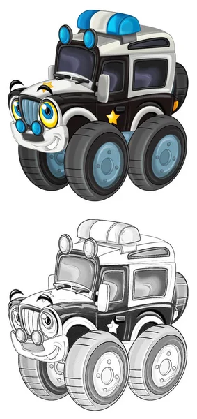 オフロードで漫画シーン子供のためのスケッチイラストで隔離された重いトラックの車 — ストック写真