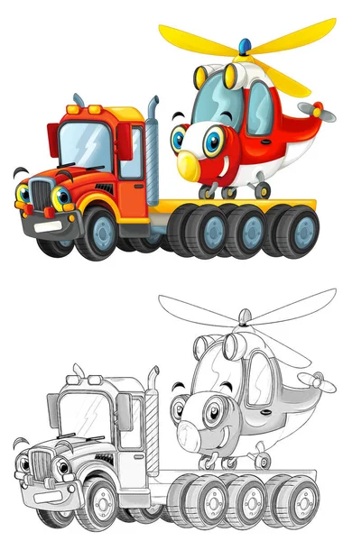 Feliz Desenho Animado Motorista Caminhão Reboque Com Outro Veículo Helicóptero — Fotografia de Stock