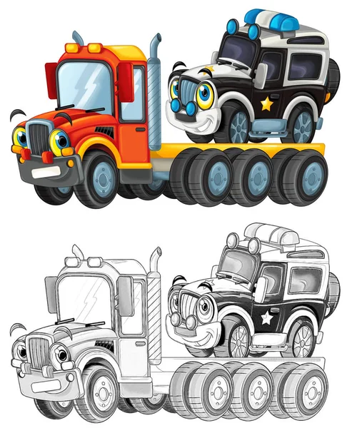 面白い漫画牽引トラックの運転手やスケッチと他の車の隔離された子供のイラスト — ストック写真