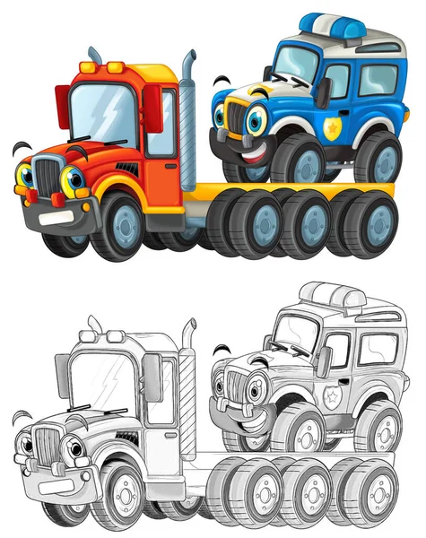 Divertente Cartoon Rimorchio Camionista Altri Veicolo Auto Isolato Bambini Illustrazione — Foto Stock