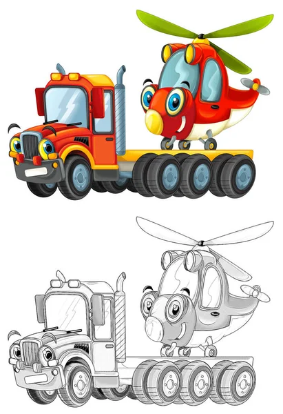 Happy Cartoon Tow Truck Driver Other Vehicle Helicopter Isolated Children — Stock Photo, Image