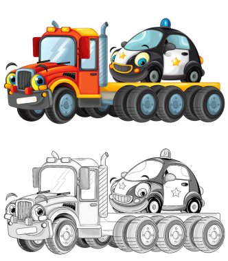 Çizgi film sahnesinde çocuklar için izole edilmiş diğer arabalarla dolu çekici kamyon kullanılıyor.