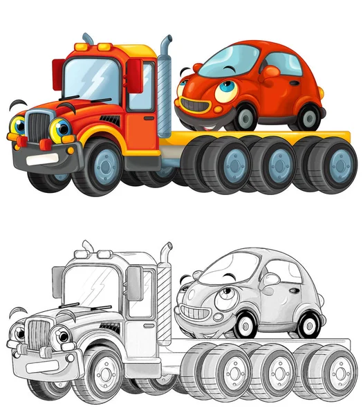 Cartoon Szene Mit Abschleppwagen Der Mit Ladung Fährt Anderes Auto — Stockfoto