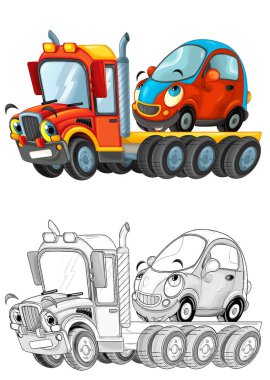 Diğer arabalı komik karikatür kamyon sürücüsü, çizimi olan çocuklar için beyaz arkaplan çiziminde izole edilmiş.