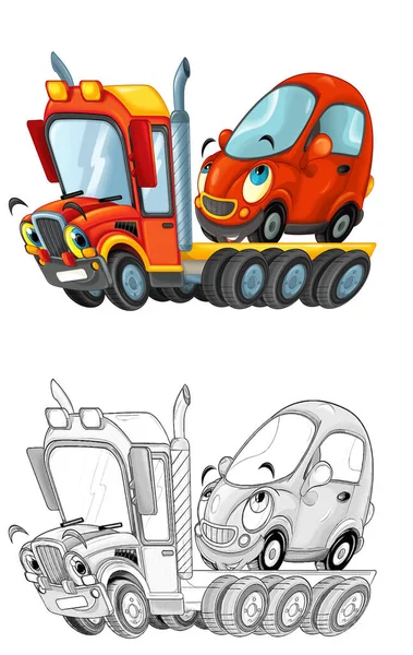 Lustige Cartoon Abschleppwagen Fahrer Mit Anderen Auto Isoliert Auf Weißem — Stockfoto