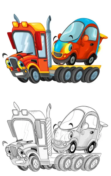 Lustige Cartoon Abschleppwagen Fahrer Mit Anderen Auto Isoliert Auf Weißem — Stockfoto