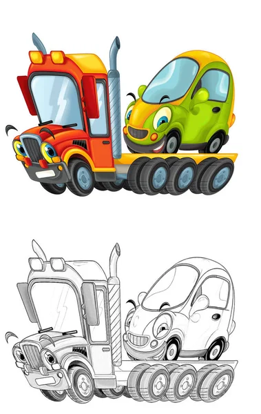 Diğer Arabalı Komik Karikatür Kamyon Sürücüsü Çizimi Olan Çocuklar Için — Stok fotoğraf