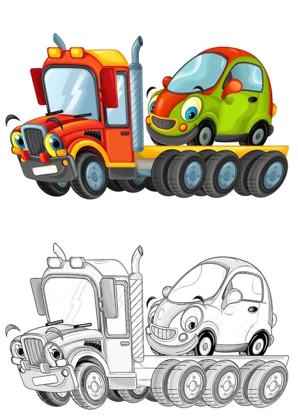 卡通人物卡车司机与其他车辆隔离在白色背景图上 为儿童提供草图 — 图库照片