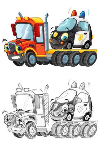 スケッチを持つ子供のための白い背景イラストに隔離された他の車と面白い漫画牽引トラックの運転手 — ストック写真
