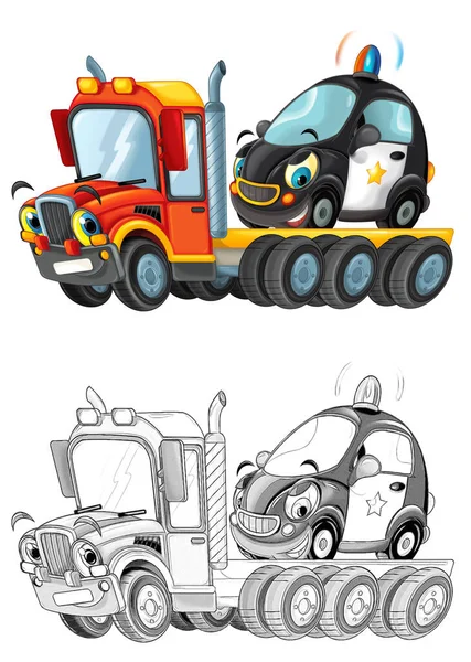 Funny Cartoon Tow Truck Driver Other Car Isolated White Background — Stock Photo, Image