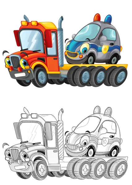 スケッチを持つ子供のための白い背景イラストに隔離された他の車と面白い漫画牽引トラックの運転手 — ストック写真