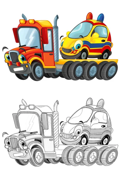 卡通人物卡车司机与其他车辆隔离在白色背景图上 为儿童提供草图 — 图库照片