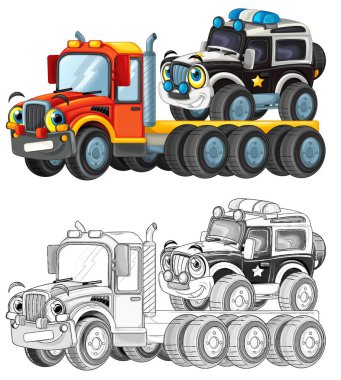 Mutlu karikatür çekici kamyon sürücüsü beyaz arka planda izole edilmiş diğer araç çocuk illüstrasyonları