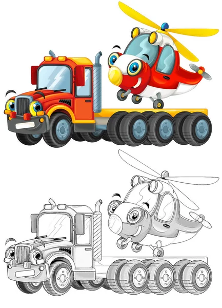 Happy Cartoon Tow Truck Driver Other Vehicle Helicopter Isolated White — Stock Photo, Image