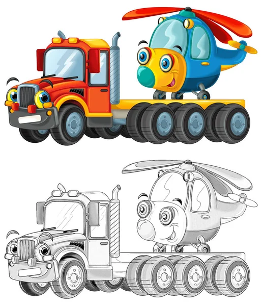 happy cartoon tow truck driver with other vehicle helicopter isolated on white background children illustration