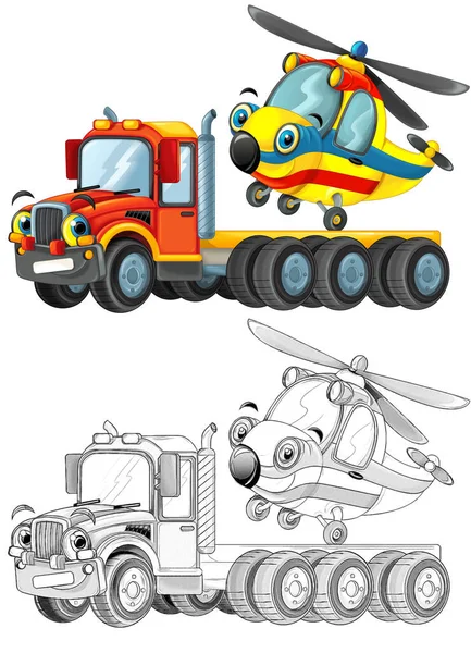 Conductor Feliz Grúa Dibujos Animados Con Otro Helicóptero Del Vehículo — Foto de Stock